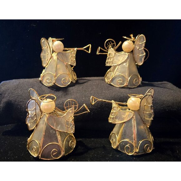 Set Of 4 Capiz shell Angel Figurines With Pearlescent Heads & Trumpets Gold Wire - Picture 1 of 5